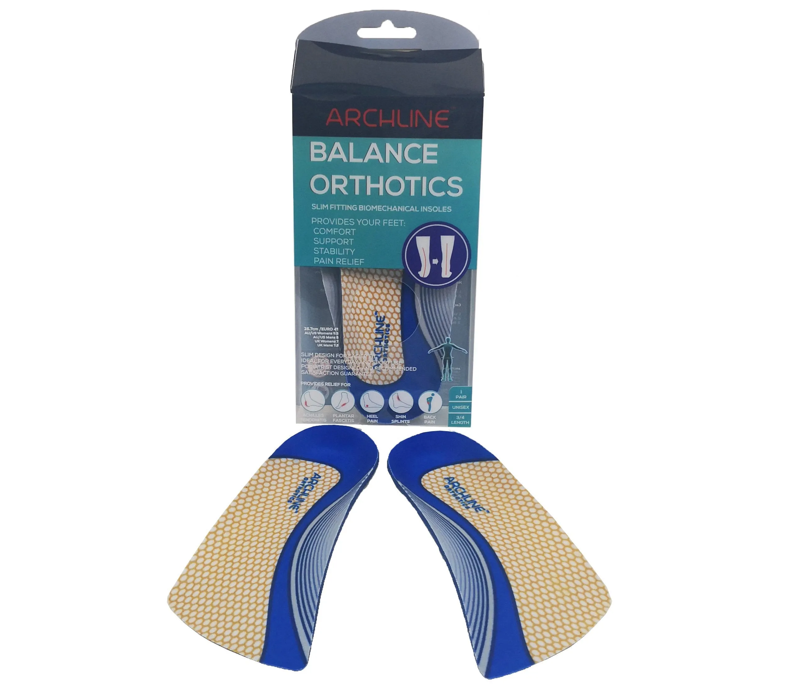 Archline Orthotic Insoles Slimline – 3/4 Length (Unisex) Plantar Fasciitis Foot Pain Relief