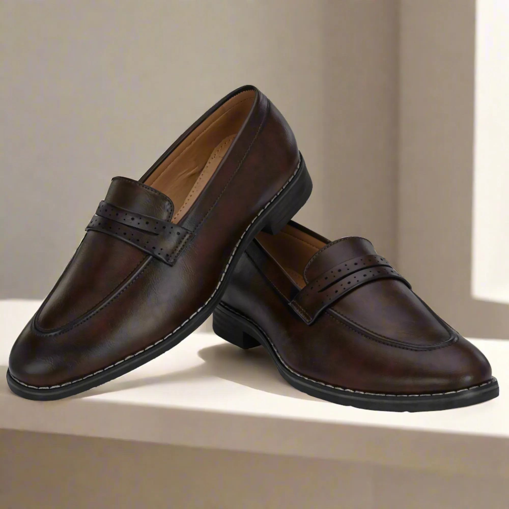 Attitudist Unisex Handcrafted Brown Plain Penny Slip On Round Toe Basket Loafer With Double Stitched Welts