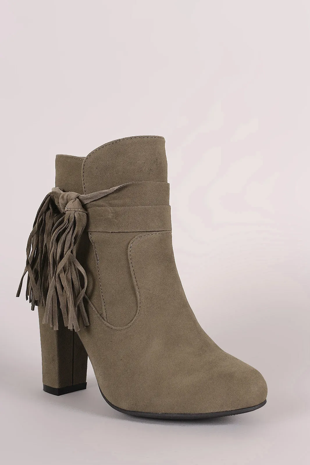 Bamboo Suede Knotted Side Fringe Chunky Heeled Booties