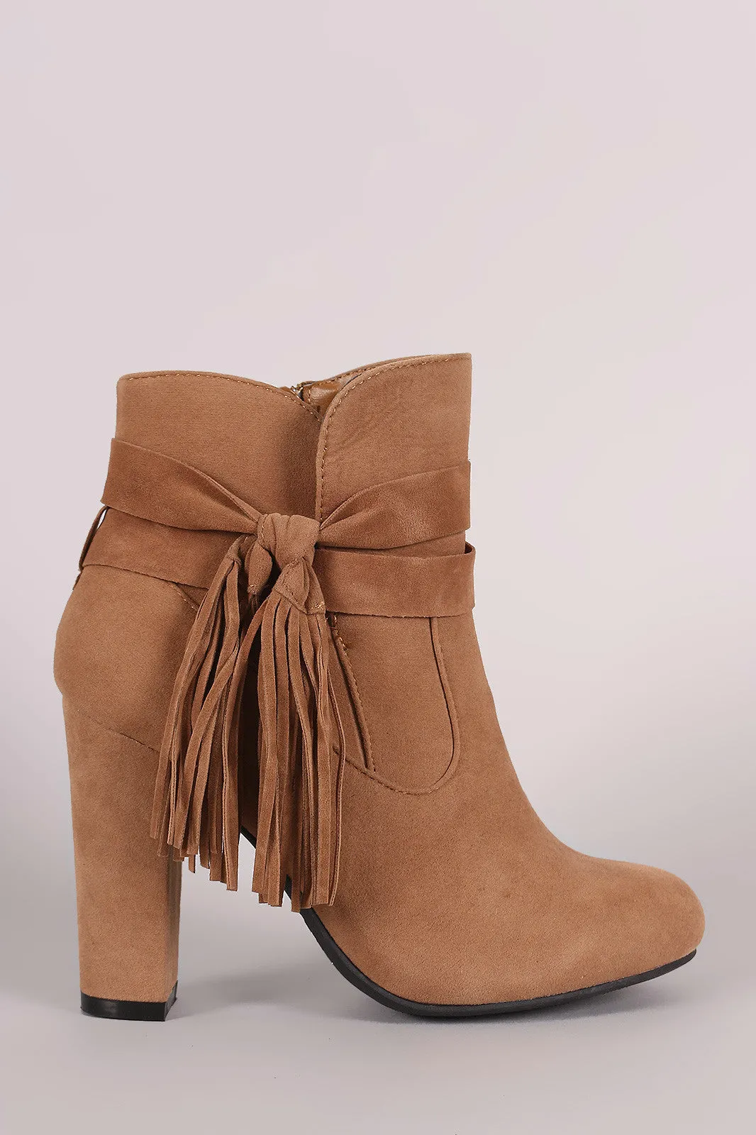 Bamboo Suede Knotted Side Fringe Chunky Heeled Booties
