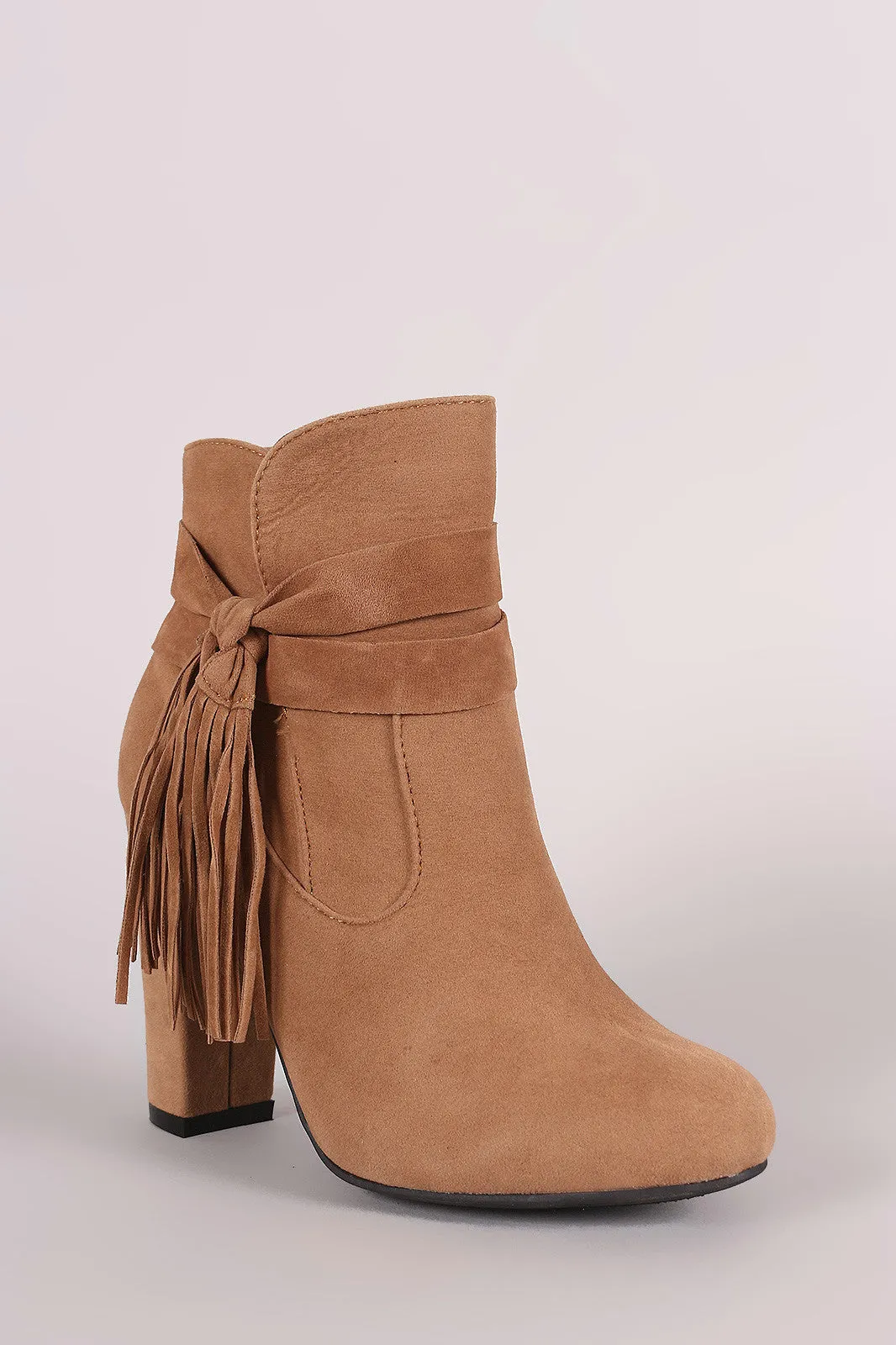 Bamboo Suede Knotted Side Fringe Chunky Heeled Booties