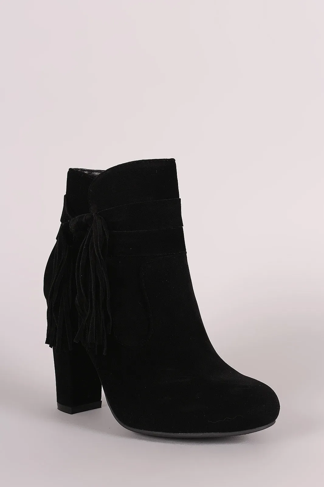 Bamboo Suede Knotted Side Fringe Chunky Heeled Booties