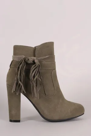 Bamboo Suede Knotted Side Fringe Chunky Heeled Booties