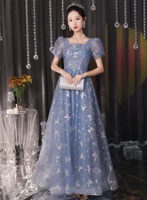 Beautiful A-line Tulle Short Sleeves Formal Dress, Lovely Tulle Long Formal Dress Prom Dress