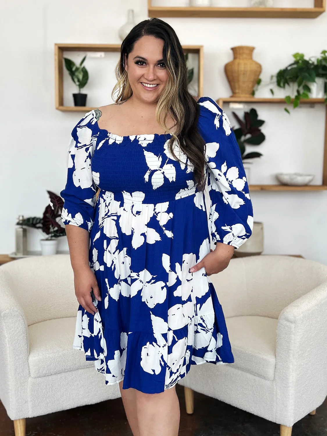 Double Take Full Size Floral Ruffle Hem Smocked Dress