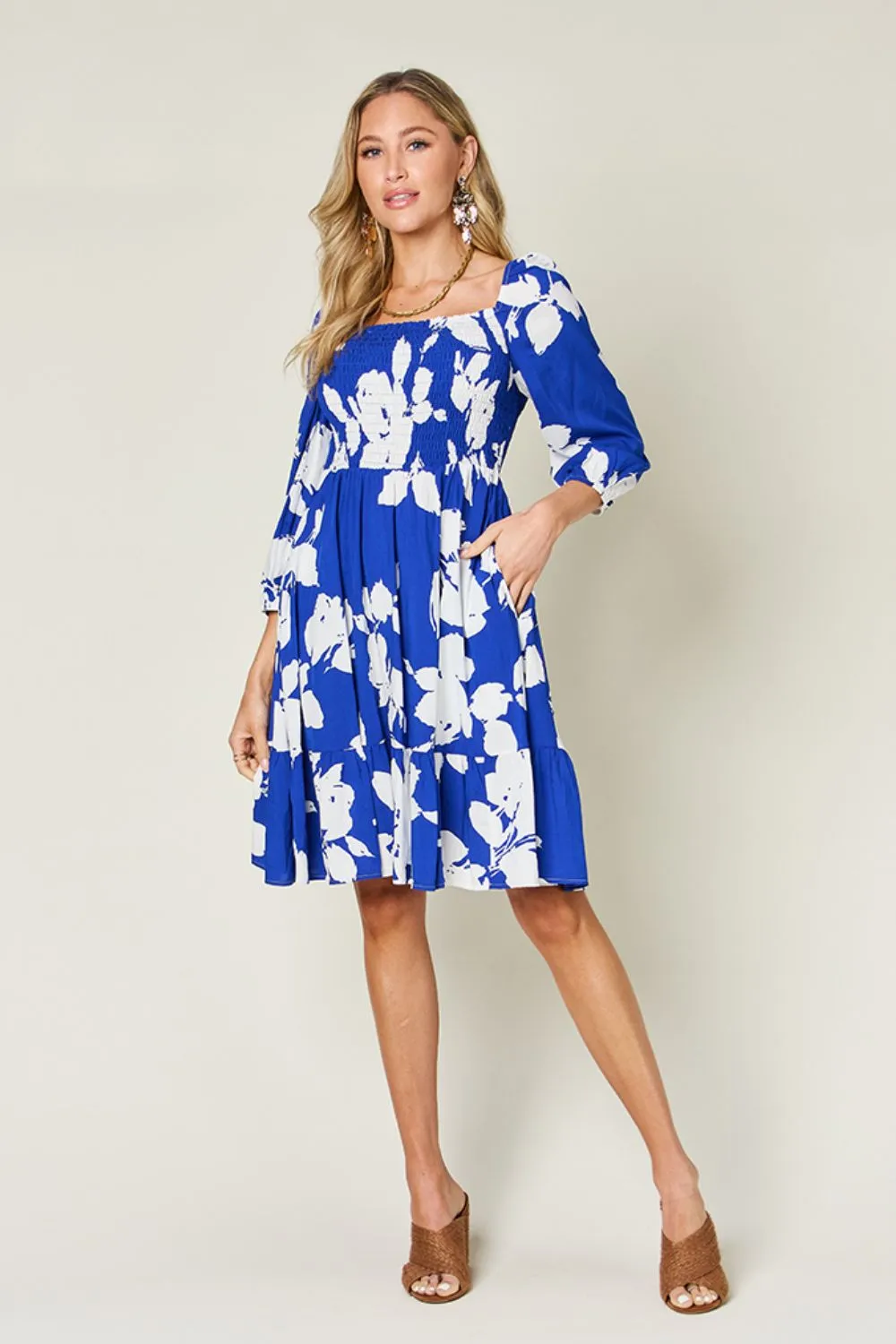Double Take Full Size Floral Ruffle Hem Smocked Dress
