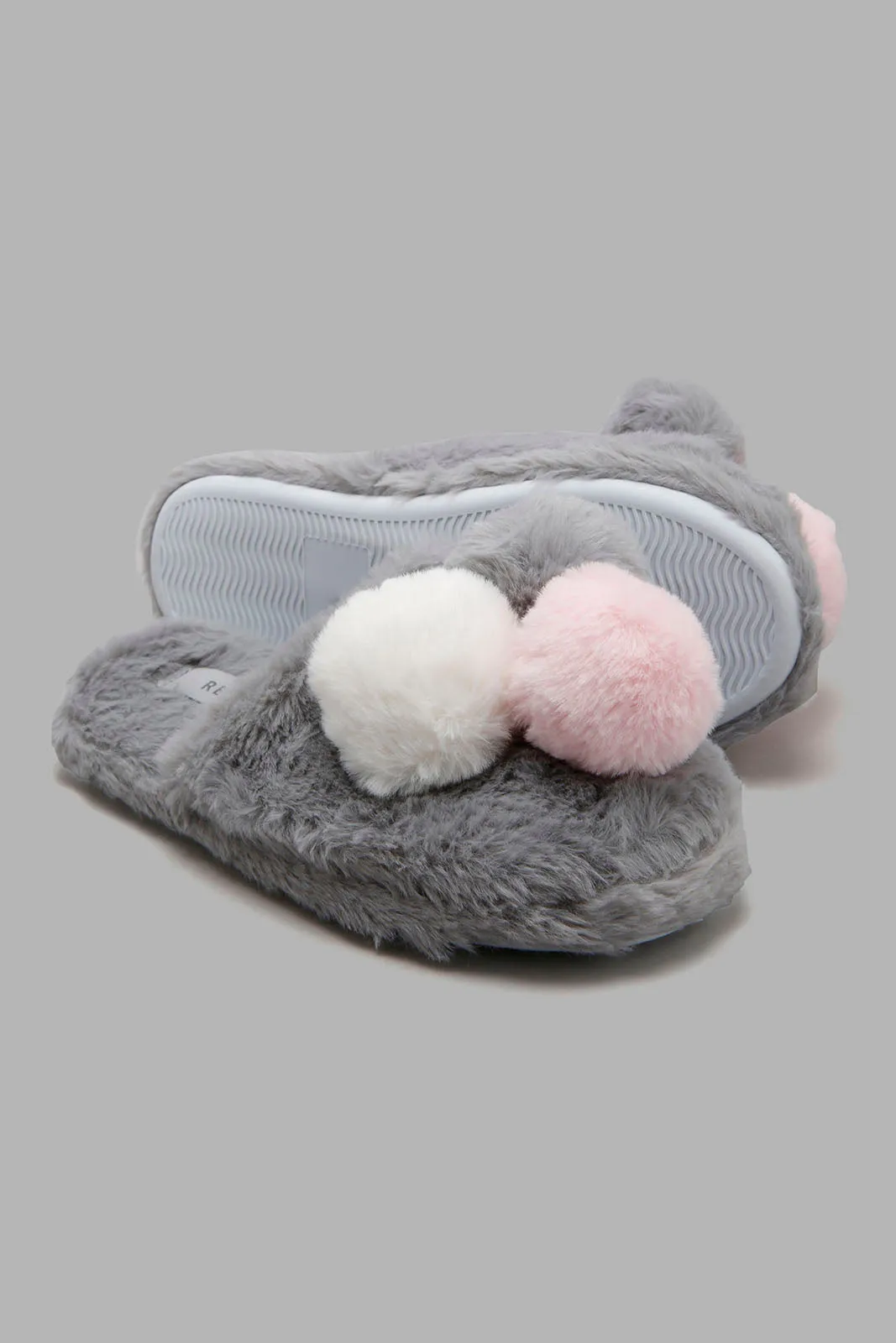 Grey Fur Slipper With Pom Pom