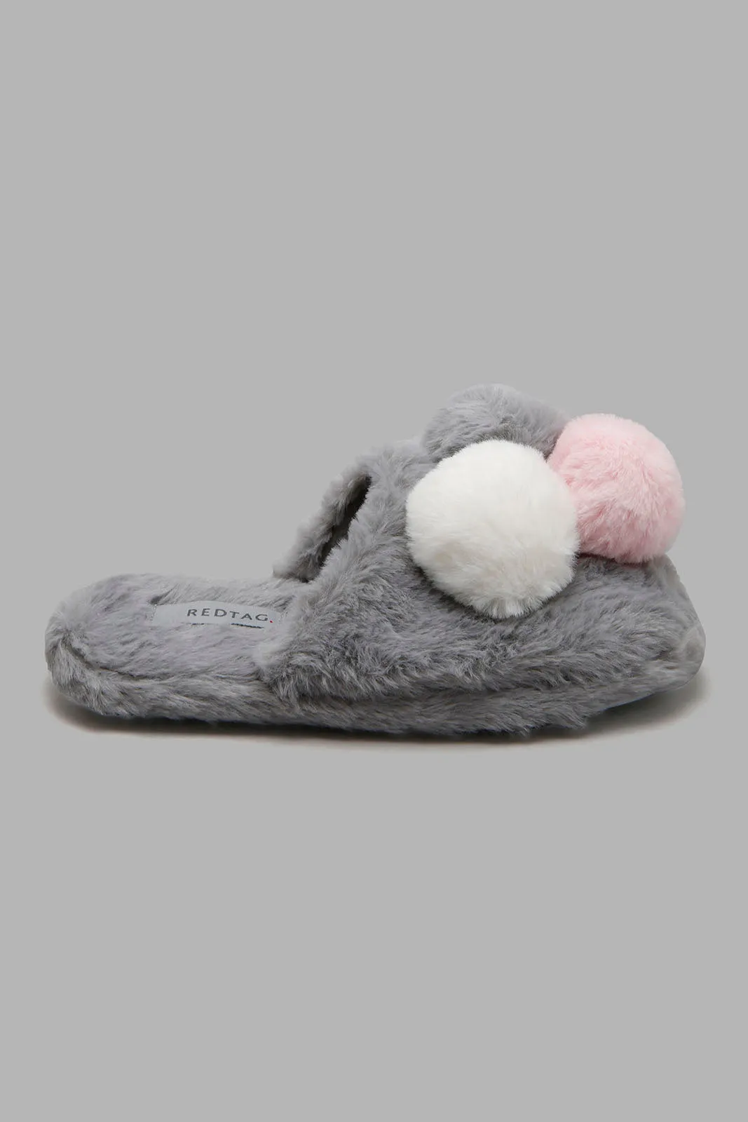 Grey Fur Slipper With Pom Pom