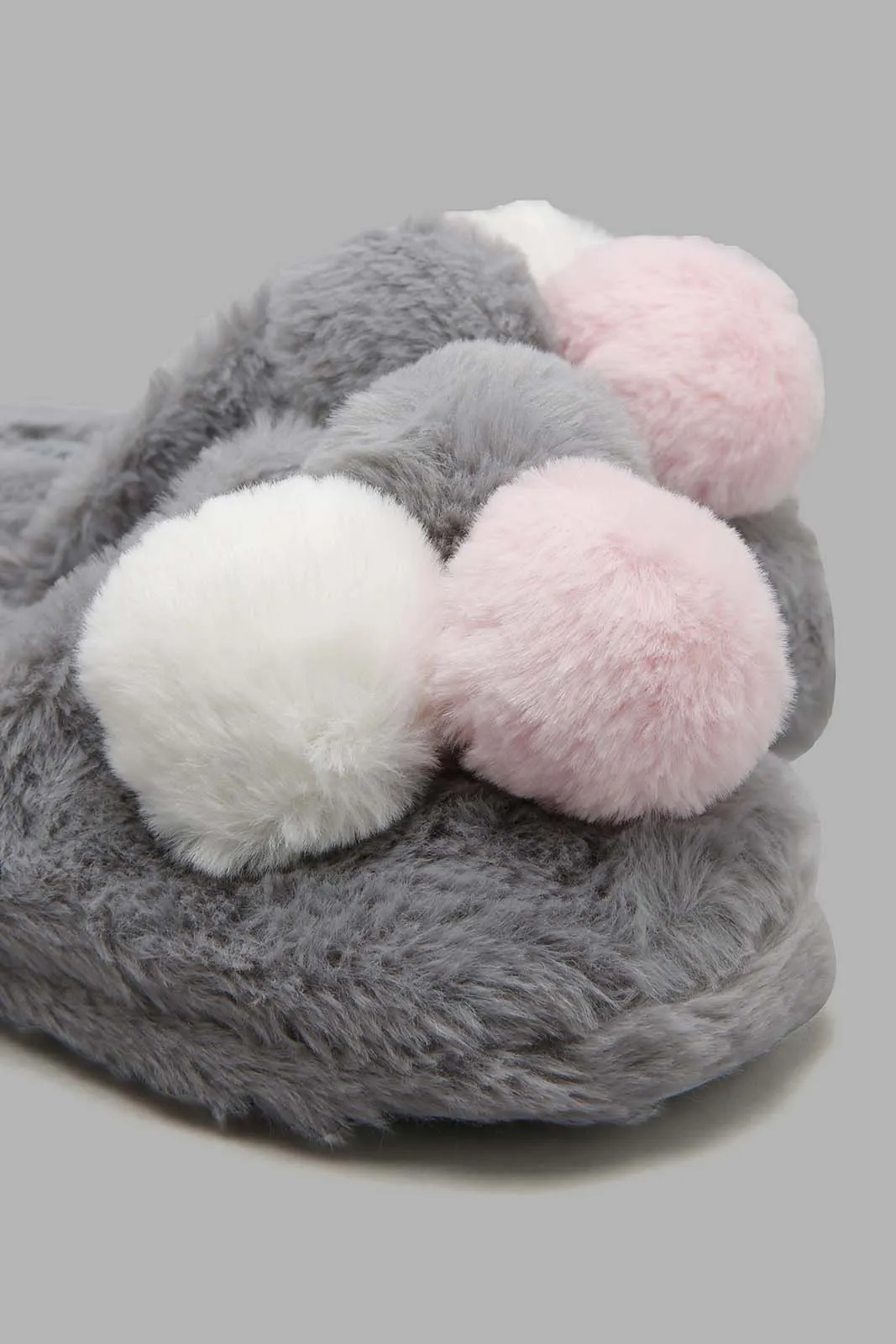 Grey Fur Slipper With Pom Pom