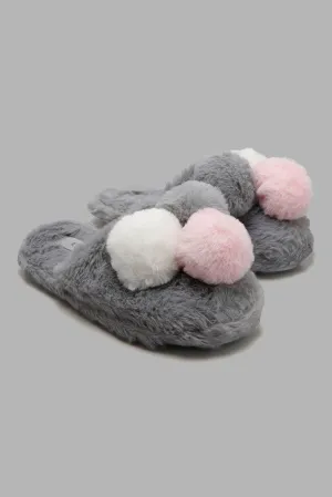 Grey Fur Slipper With Pom Pom