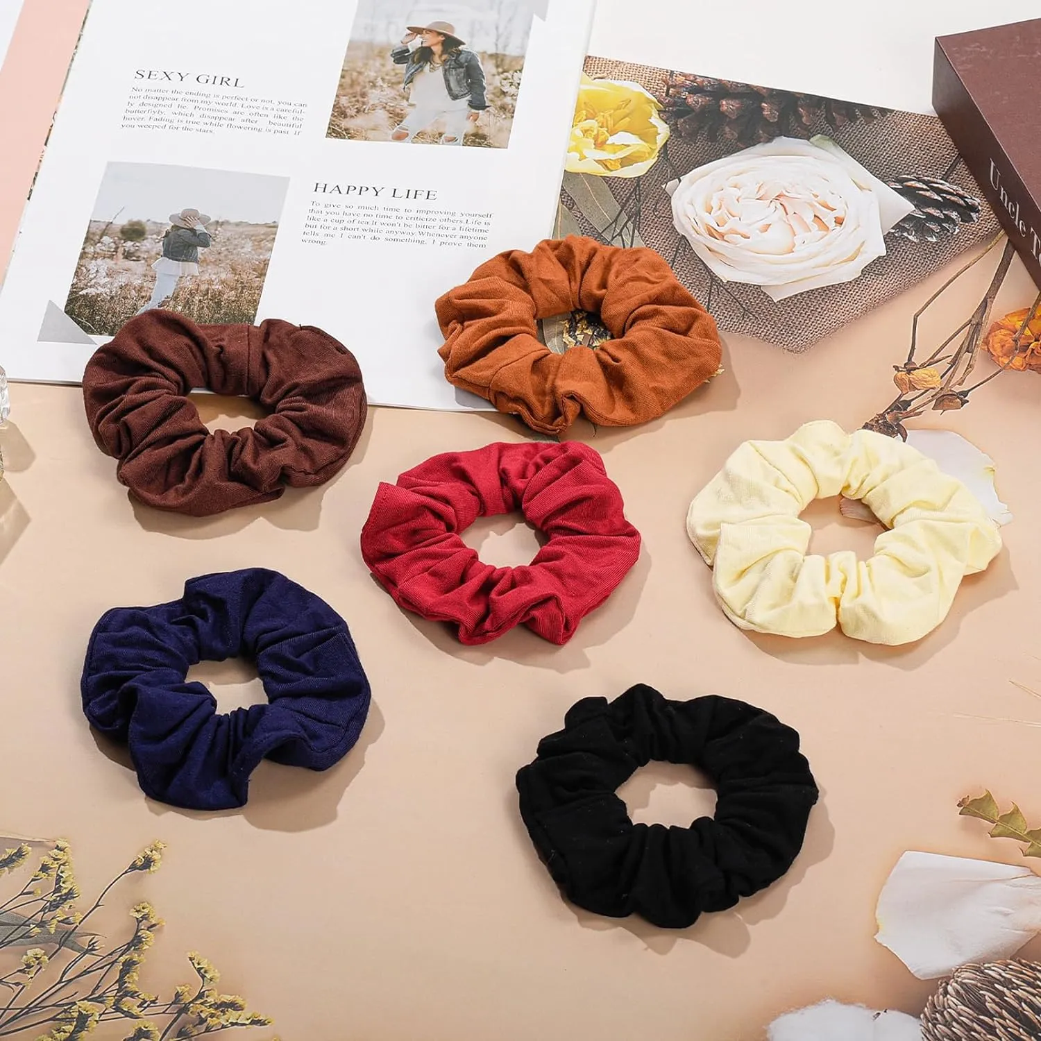 Lolalet Soft Cotton Scrunchies for Hair, Elastic Hair Ties Scrunchy for Women Teens Girls, Ponytail Holder Hair Accessories for Thin Thick Fine Curly Hair -6 Pack