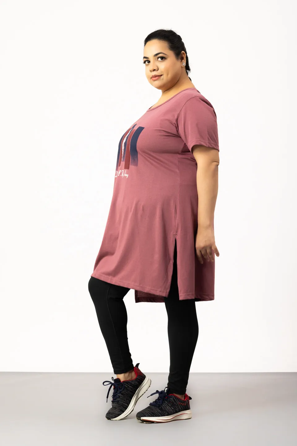 Long Line Hip Covering T-Shirt For Women -Half Sleeves- Mauve