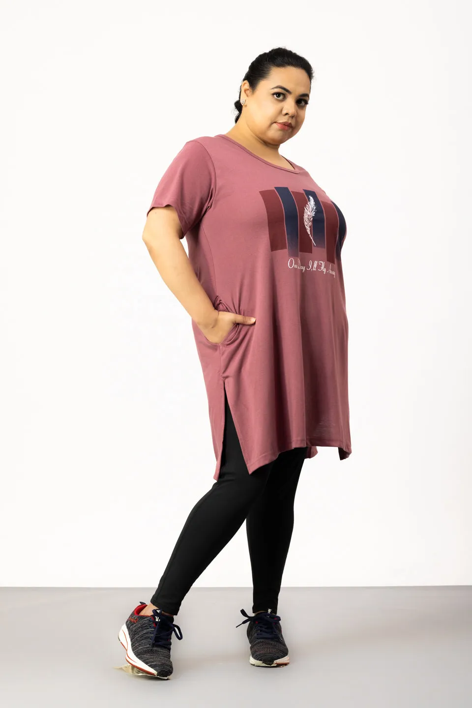 Long Line Hip Covering T-Shirt For Women -Half Sleeves- Mauve