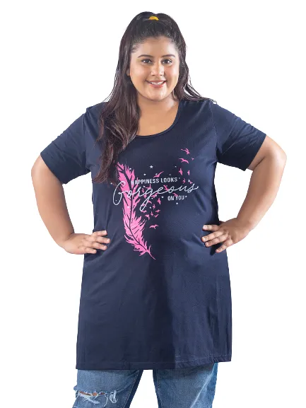 Long Line Hip Covering T-Shirt For Women -Half Sleeves- Navy Blue