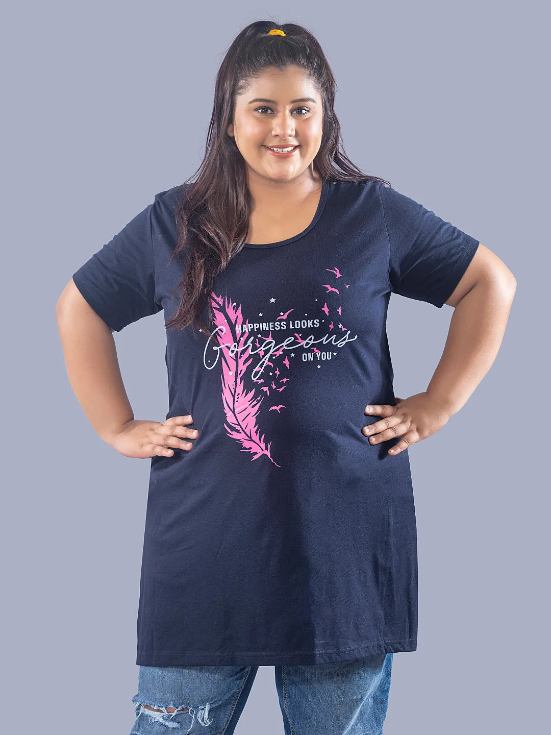 Long Line Hip Covering T-Shirt For Women -Half Sleeves- Navy Blue