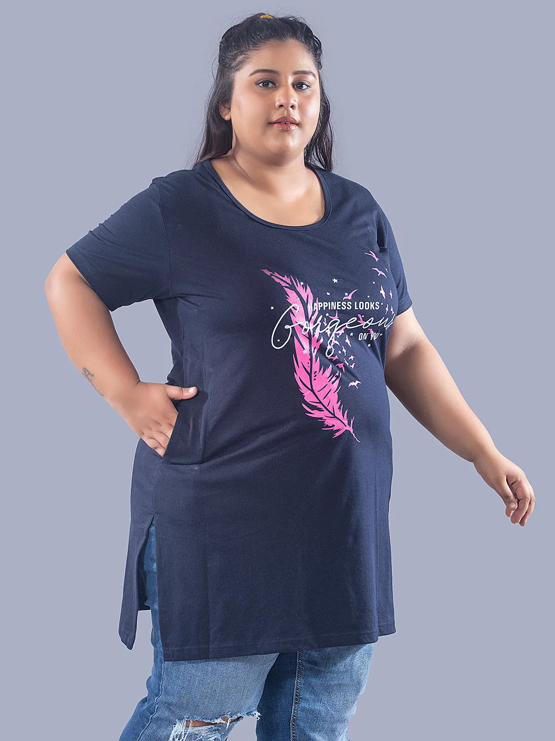 Long Line Hip Covering T-Shirt For Women -Half Sleeves- Navy Blue