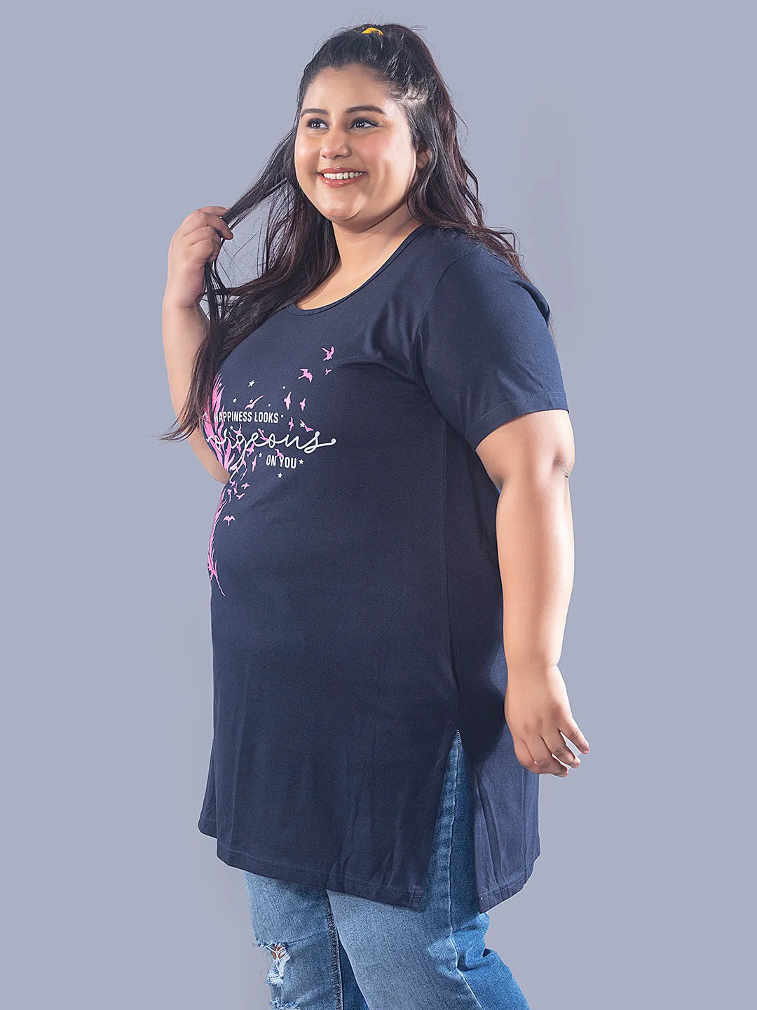 Long Line Hip Covering T-Shirt For Women -Half Sleeves- Navy Blue