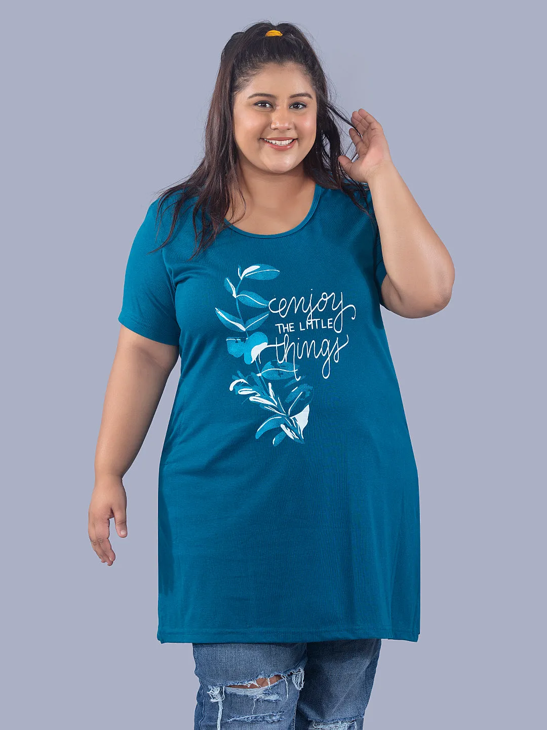 Long Line Hip Covering T-Shirt For Women -Half Sleeves- Teal Blue