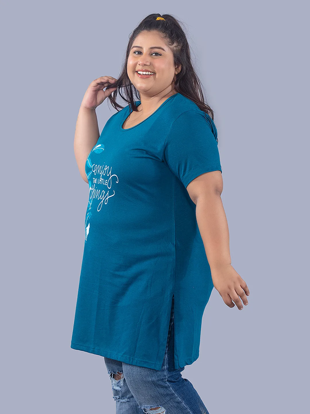 Long Line Hip Covering T-Shirt For Women -Half Sleeves- Teal Blue