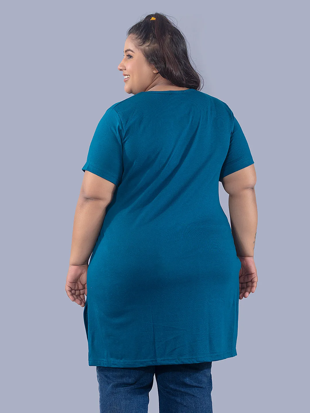 Long Line Hip Covering T-Shirt For Women -Half Sleeves- Teal Blue