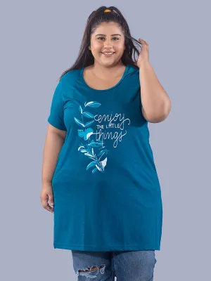 Long Line Hip Covering T-Shirt For Women -Half Sleeves- Teal Blue