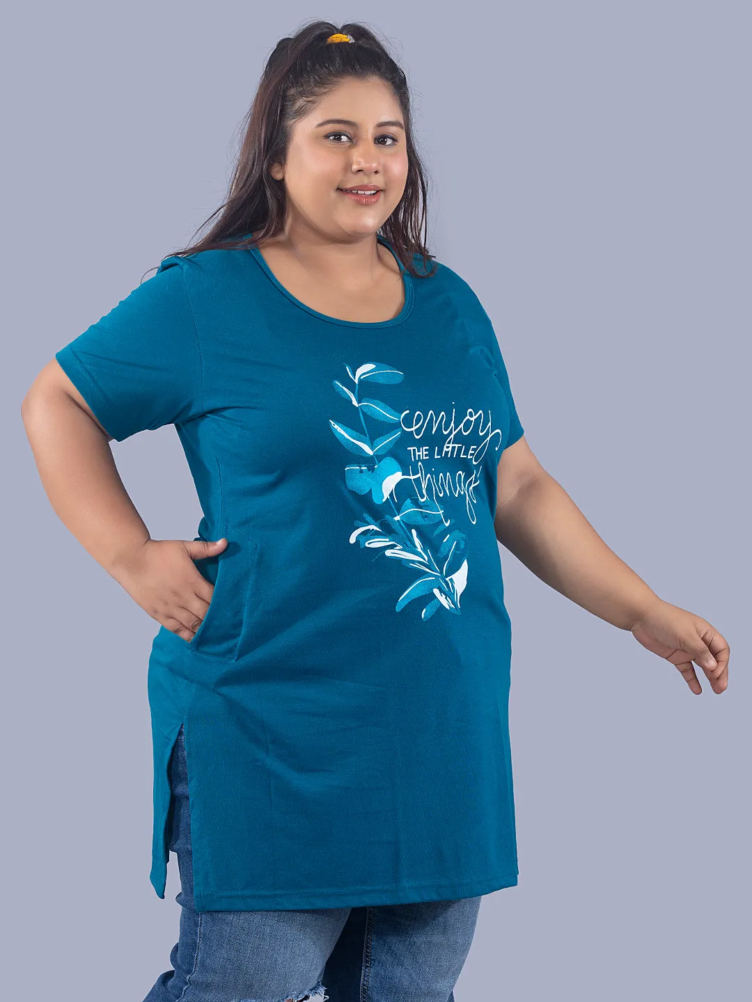 Long Line Hip Covering T-Shirt For Women -Half Sleeves- Teal Blue