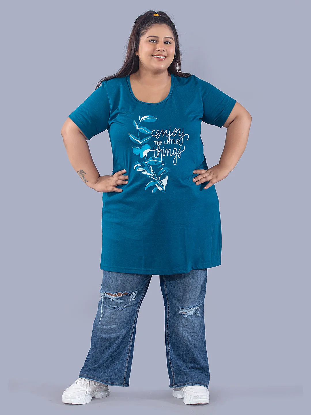 Long Line Hip Covering T-Shirt For Women -Half Sleeves- Teal Blue