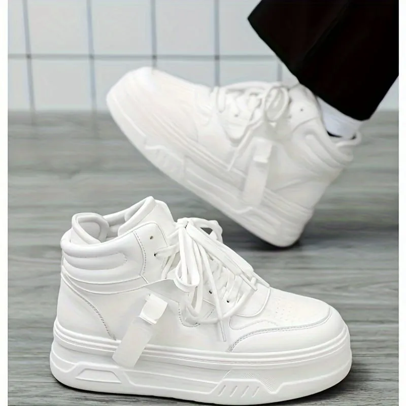 Men's White Leather High Top Sneakers with Thick Platform for Height Increase   131122