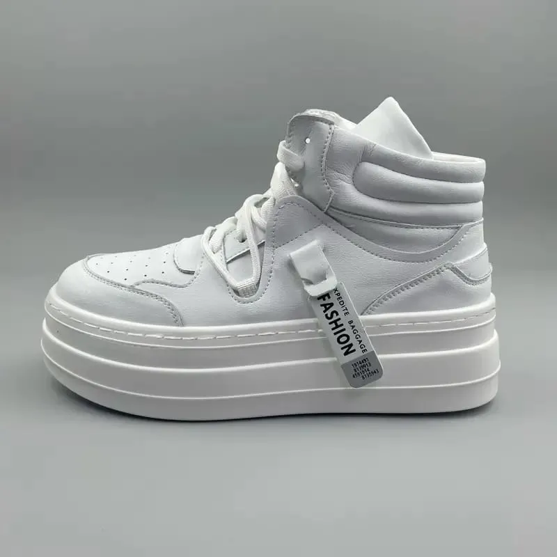 Men's White Leather High Top Sneakers with Thick Platform for Height Increase   131122