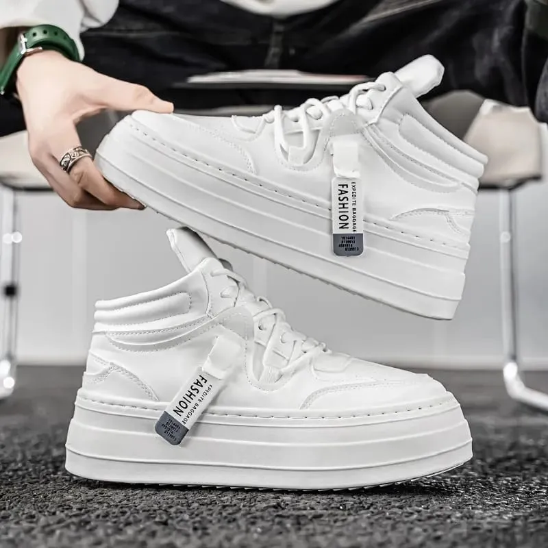 Men's White Leather High Top Sneakers with Thick Platform for Height Increase   131122