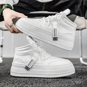 Men's White Leather High Top Sneakers with Thick Platform for Height Increase   131122