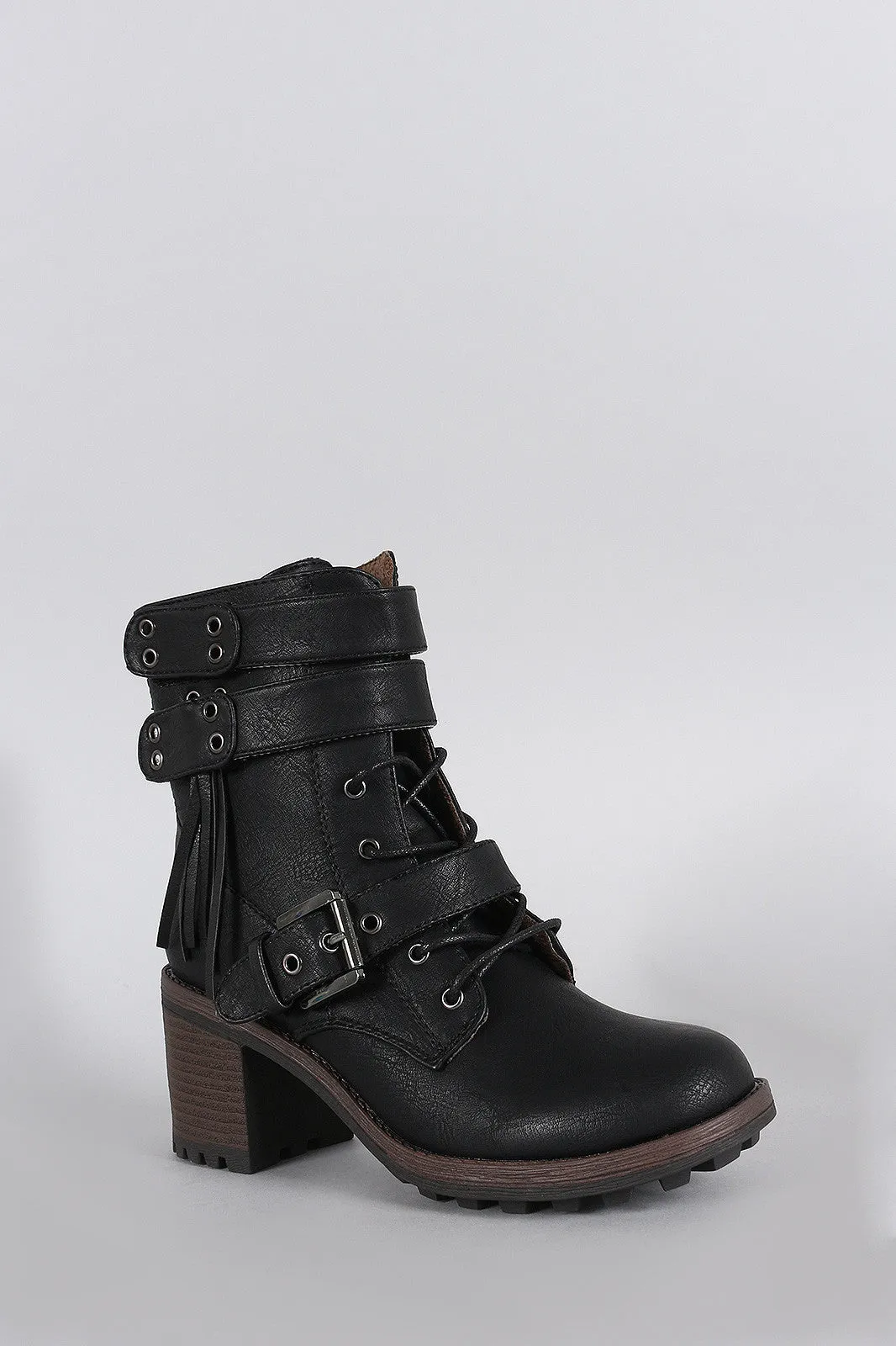 Moto Lace Up Lug Chunky Heel Ankle Boots