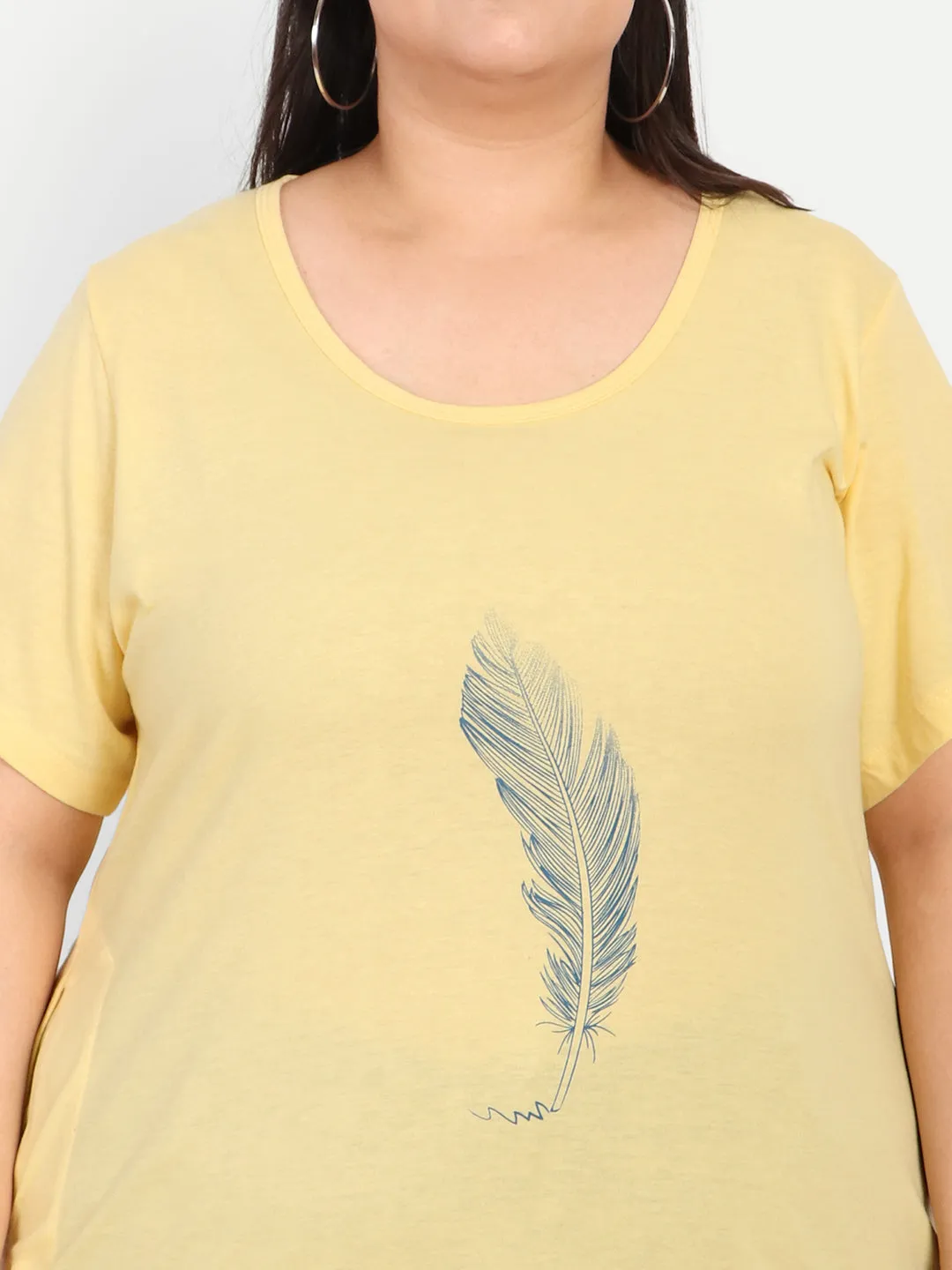 Plus Size Long Hip Covering T-shirt For Women - Half Sleeves - Lemon Yellow