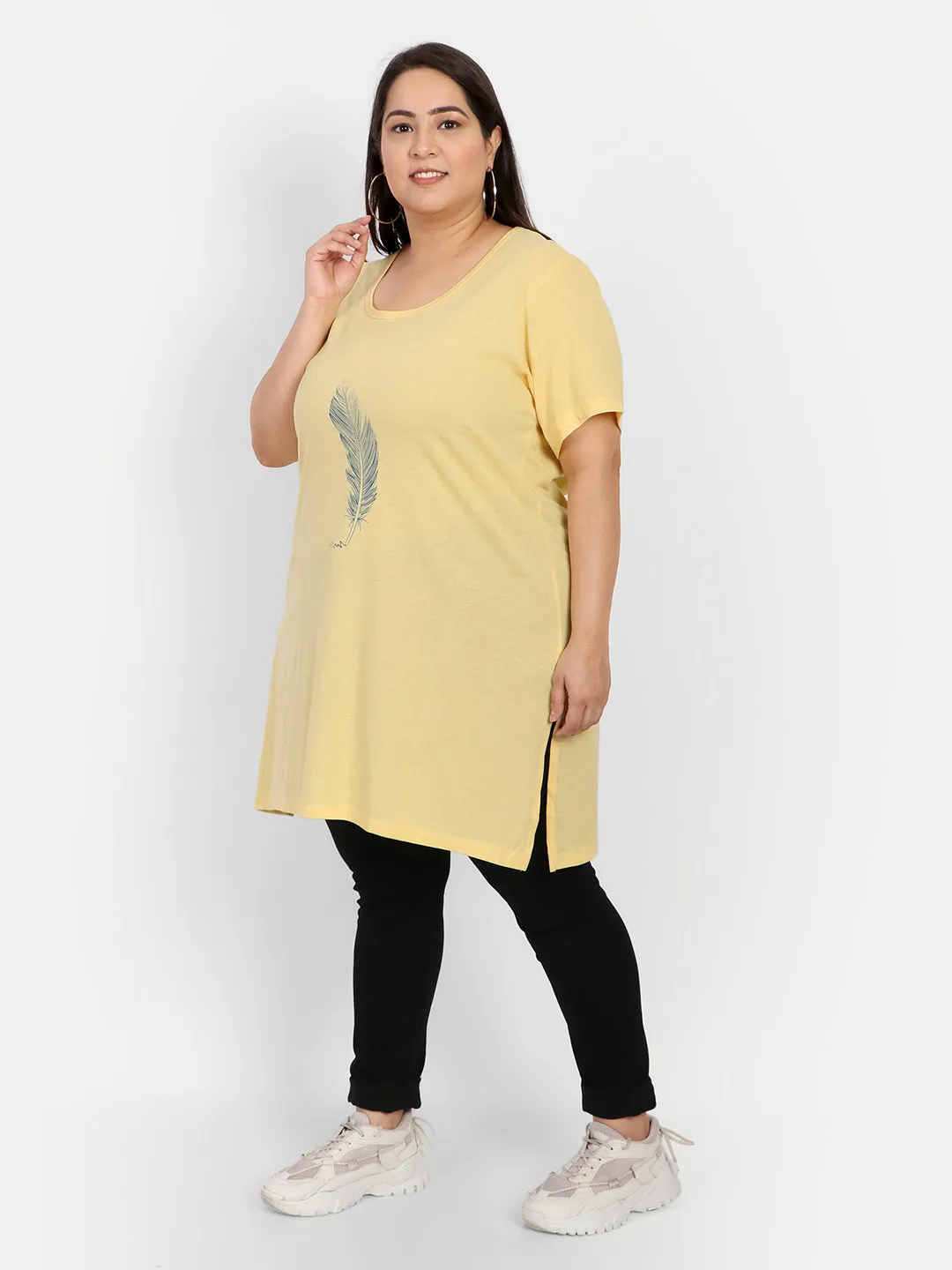 Plus Size Long Hip Covering T-shirt For Women - Half Sleeves - Lemon Yellow