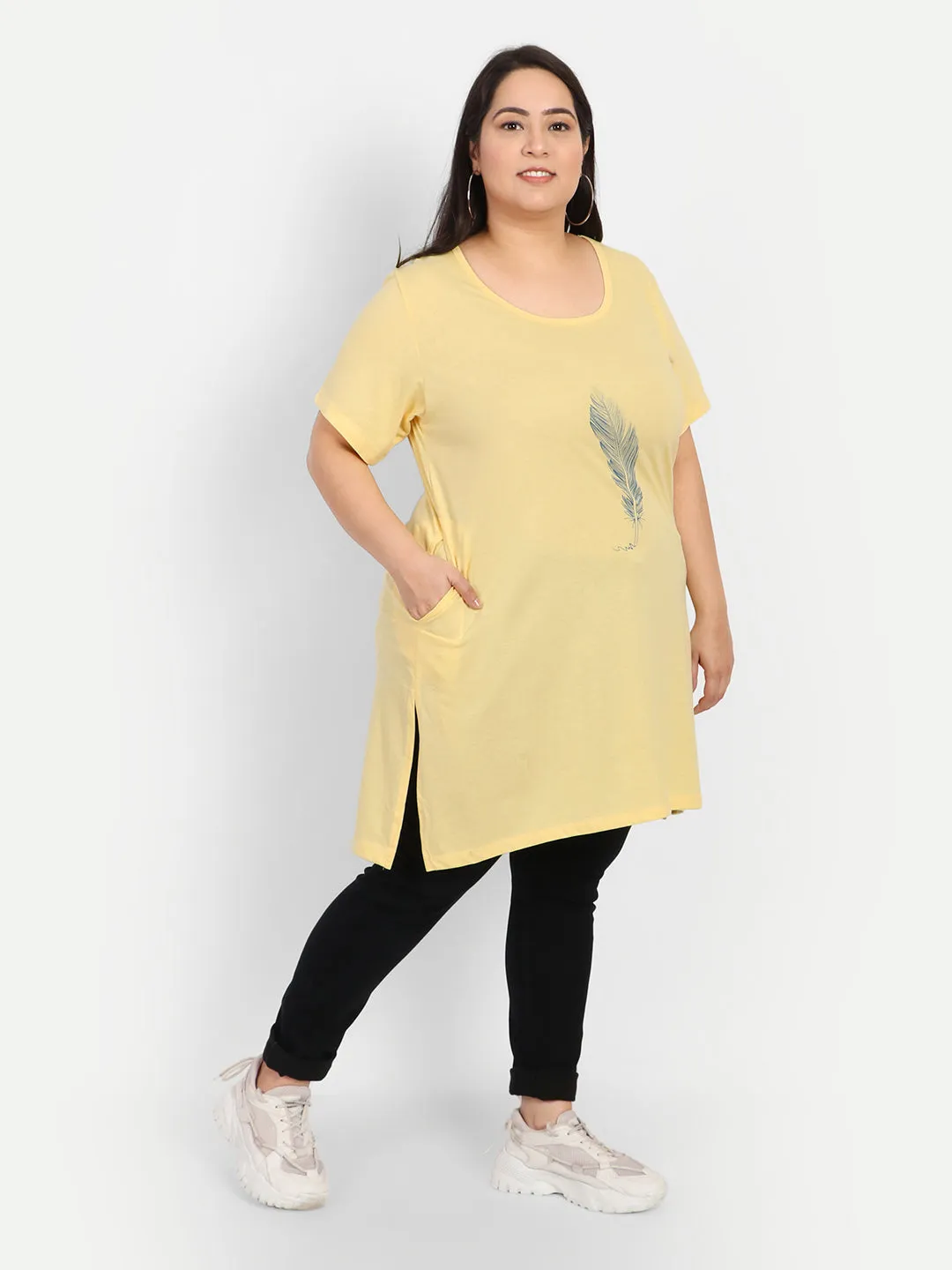 Plus Size Long Hip Covering T-shirt For Women - Half Sleeves - Lemon Yellow
