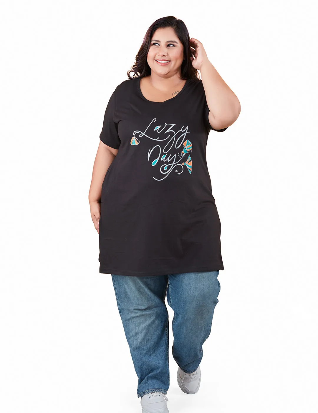 Plus Size Long Hip Covering T-shirts For Women - Half Sleeve - Pack of 2 (Grey & Black)