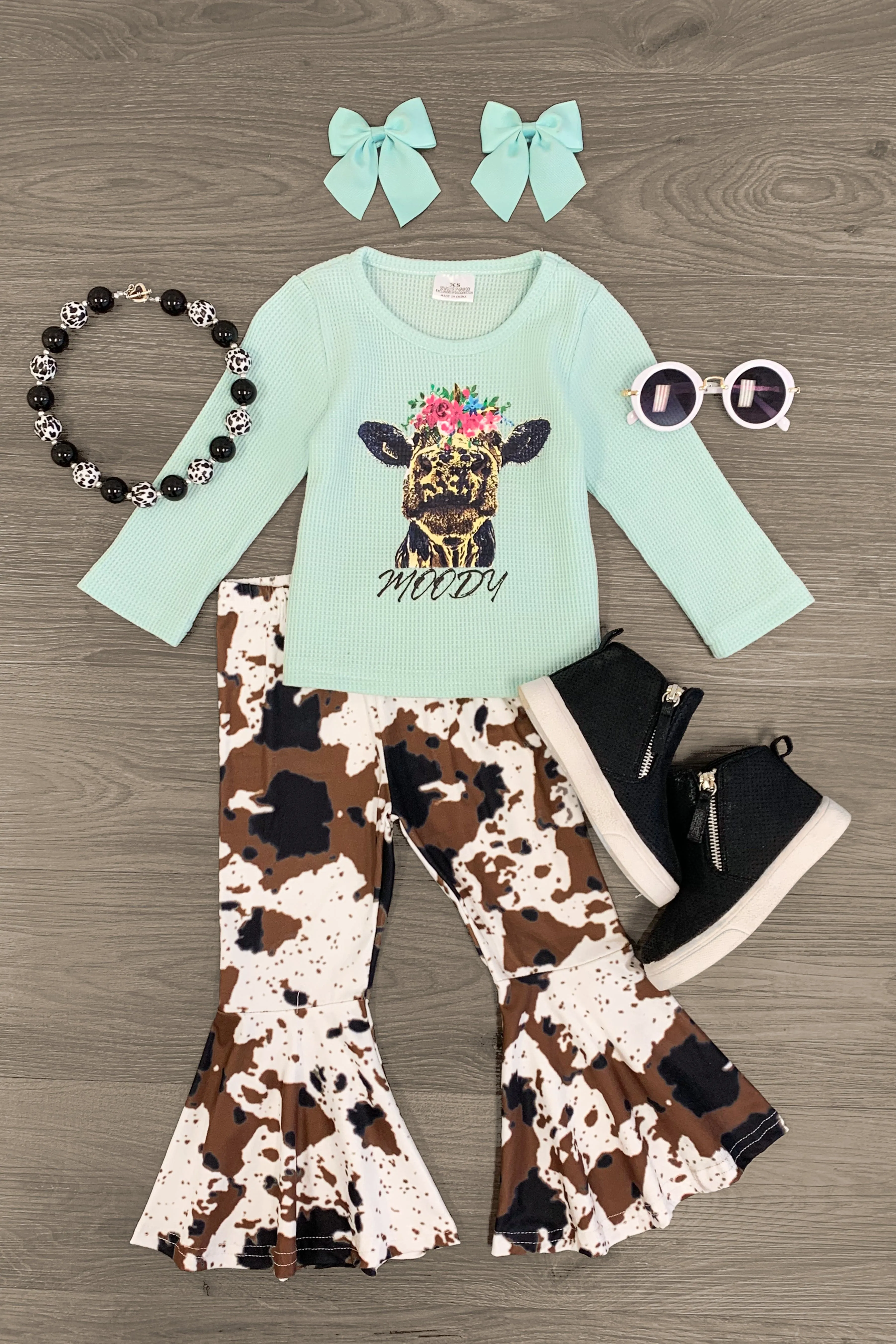 "Moody" Mint Cow Print Bell Bottom Set