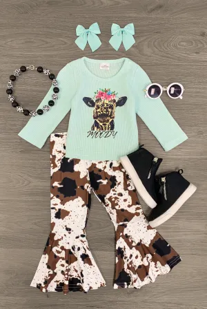 "Moody" Mint Cow Print Bell Bottom Set