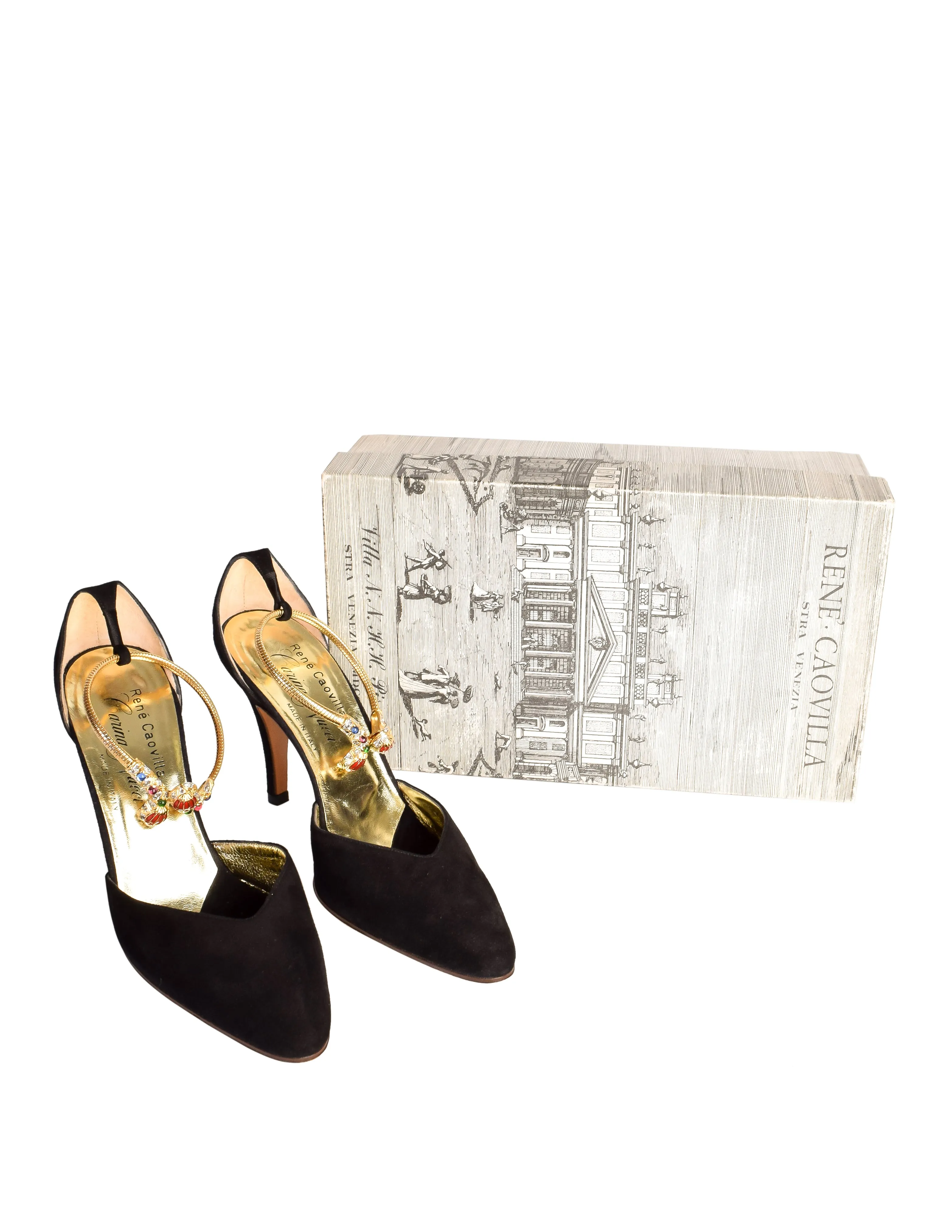 Rene Caovilla Vintage 1970s Black Suede Gold Enamel 'Bracelet' Heels