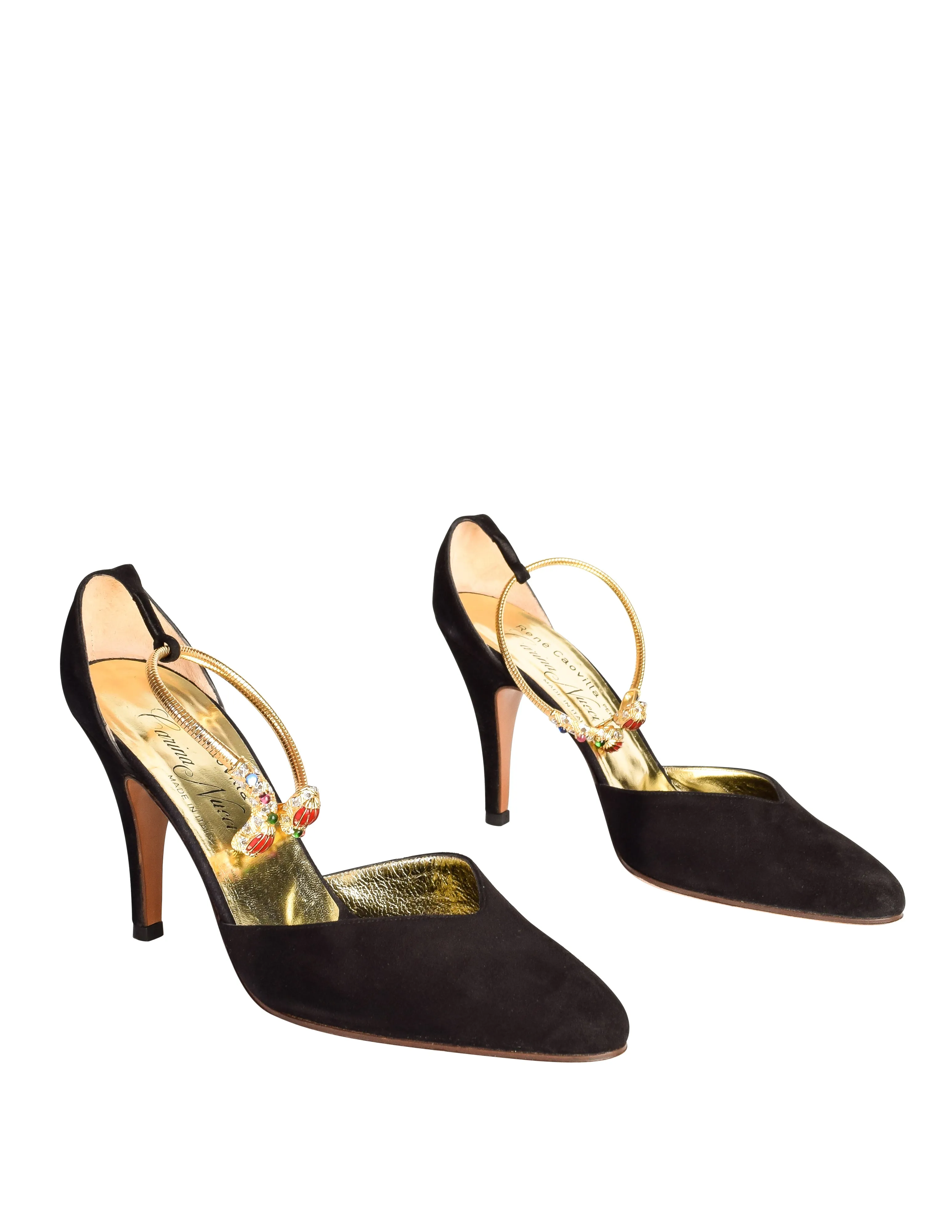 Rene Caovilla Vintage 1970s Black Suede Gold Enamel 'Bracelet' Heels