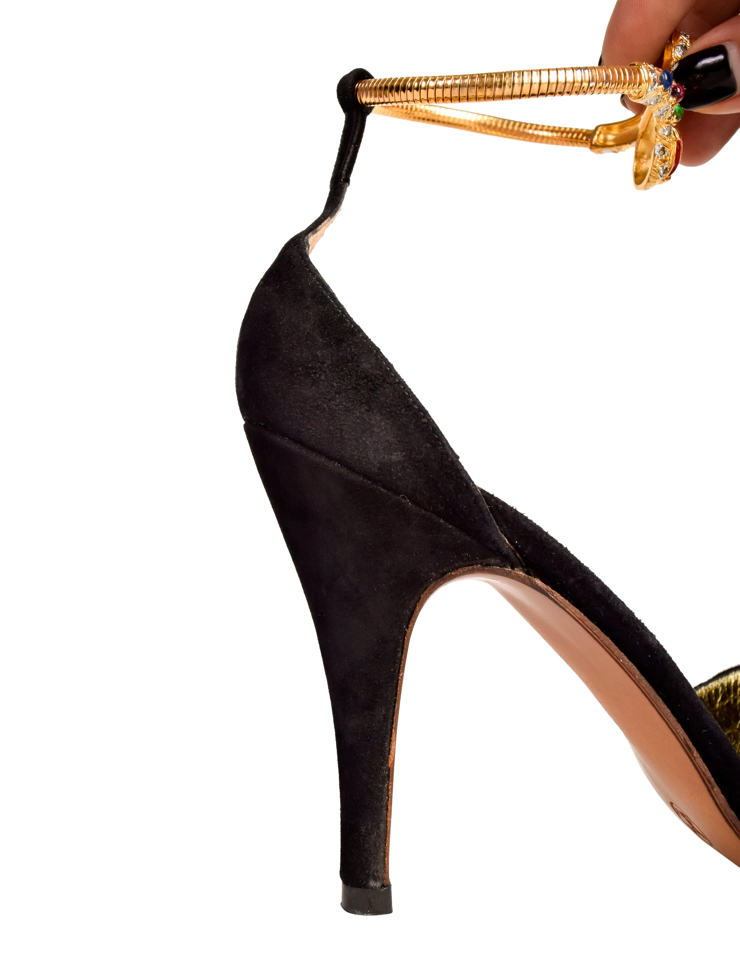 Rene Caovilla Vintage 1970s Black Suede Gold Enamel 'Bracelet' Heels