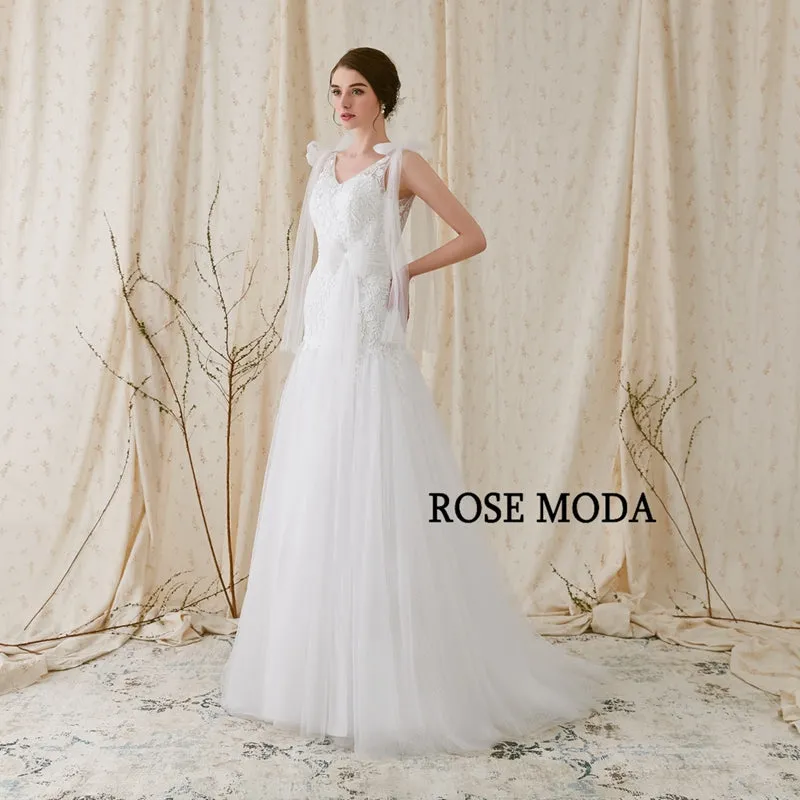 Rosemoda V Neck Lace Fit and Flare Trumpet Wedding Dress With Open Back