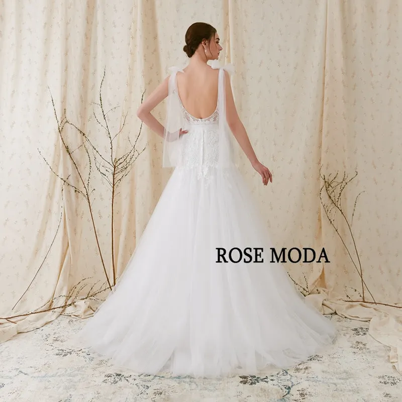 Rosemoda V Neck Lace Fit and Flare Trumpet Wedding Dress With Open Back