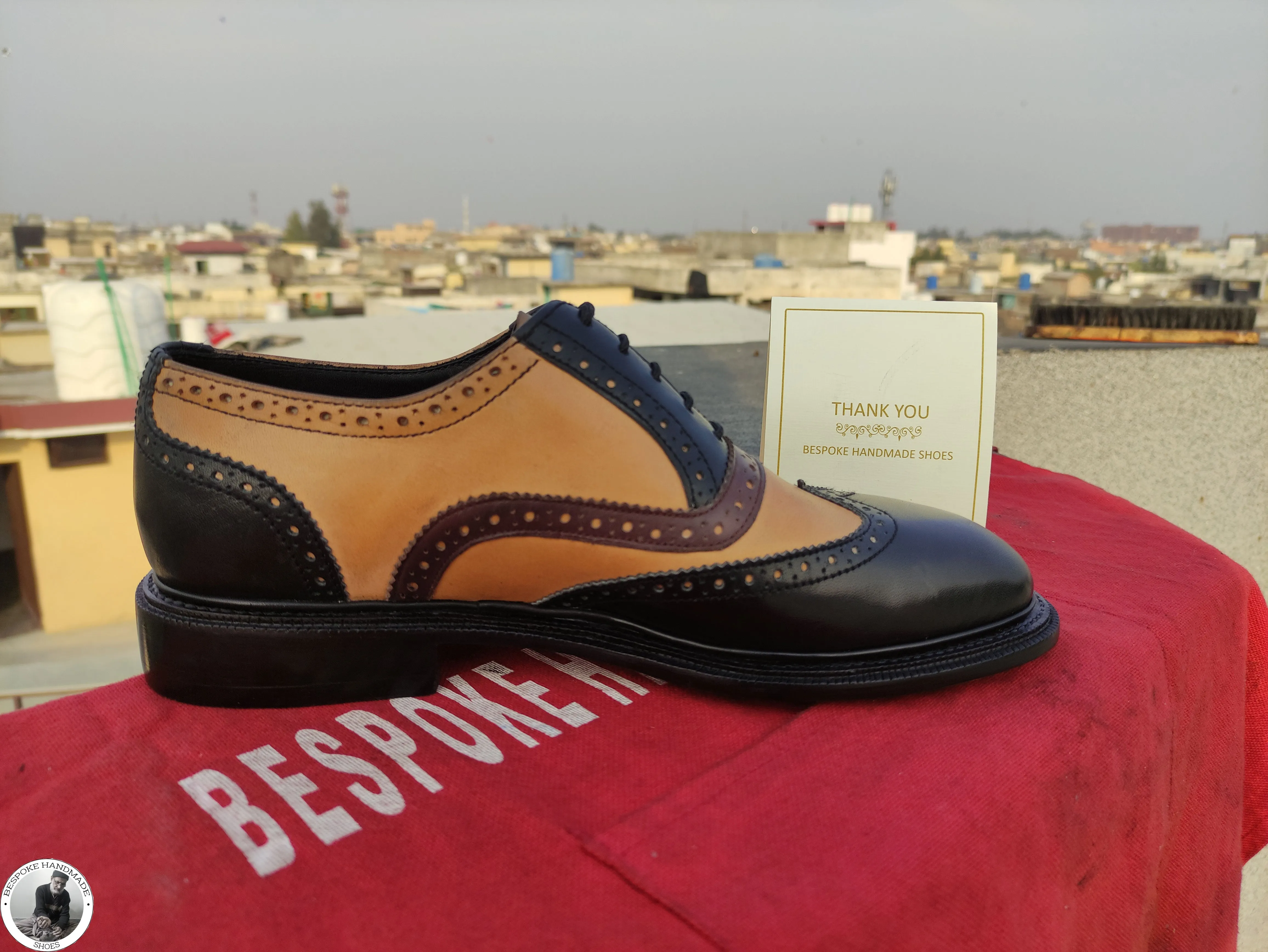 Tailor Made Pure Black & Yellow Leather Oxford Wingtip Lace Up Dress,Formal Men's Shoes