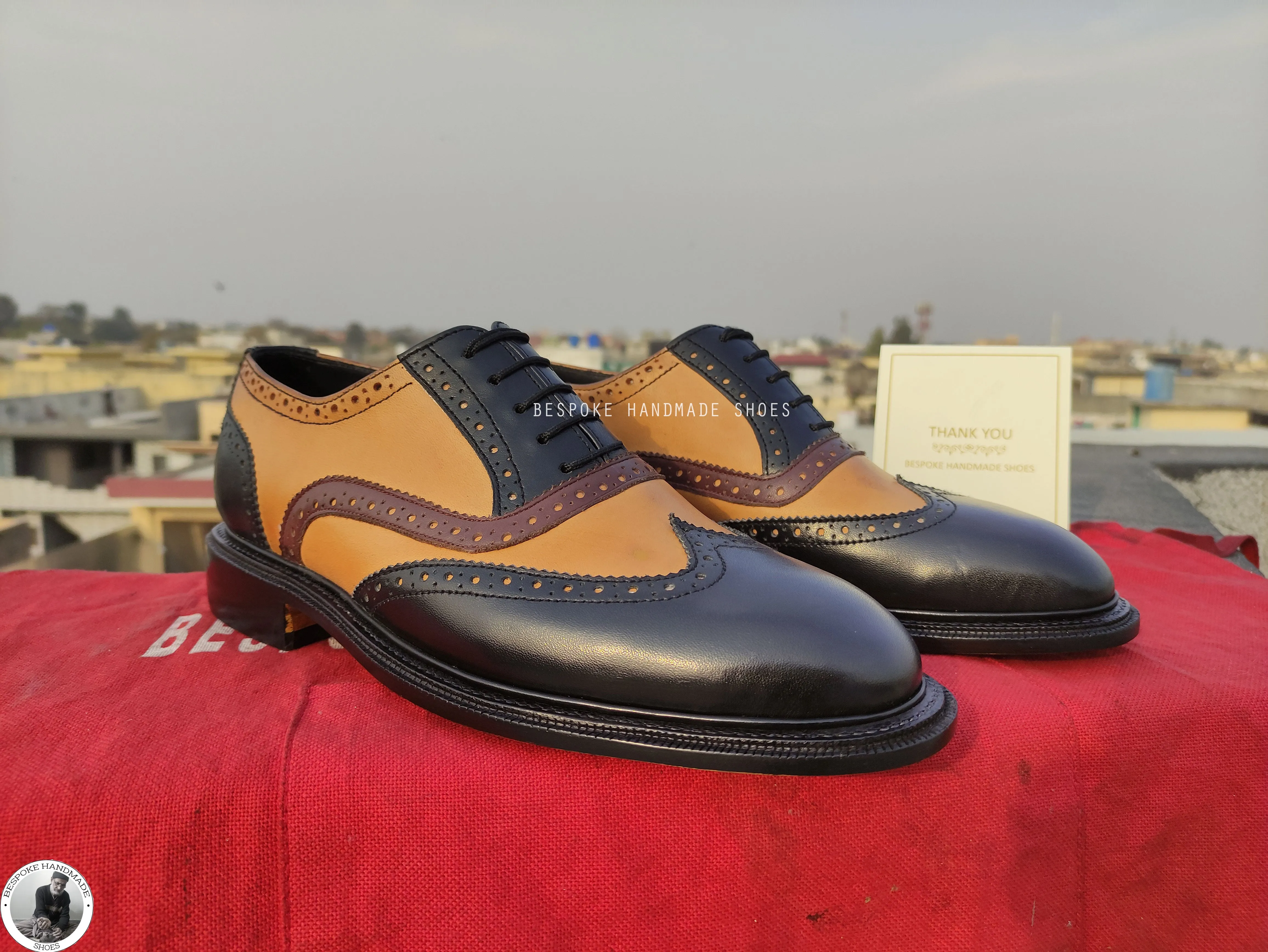 Tailor Made Pure Black & Yellow Leather Oxford Wingtip Lace Up Dress,Formal Men's Shoes