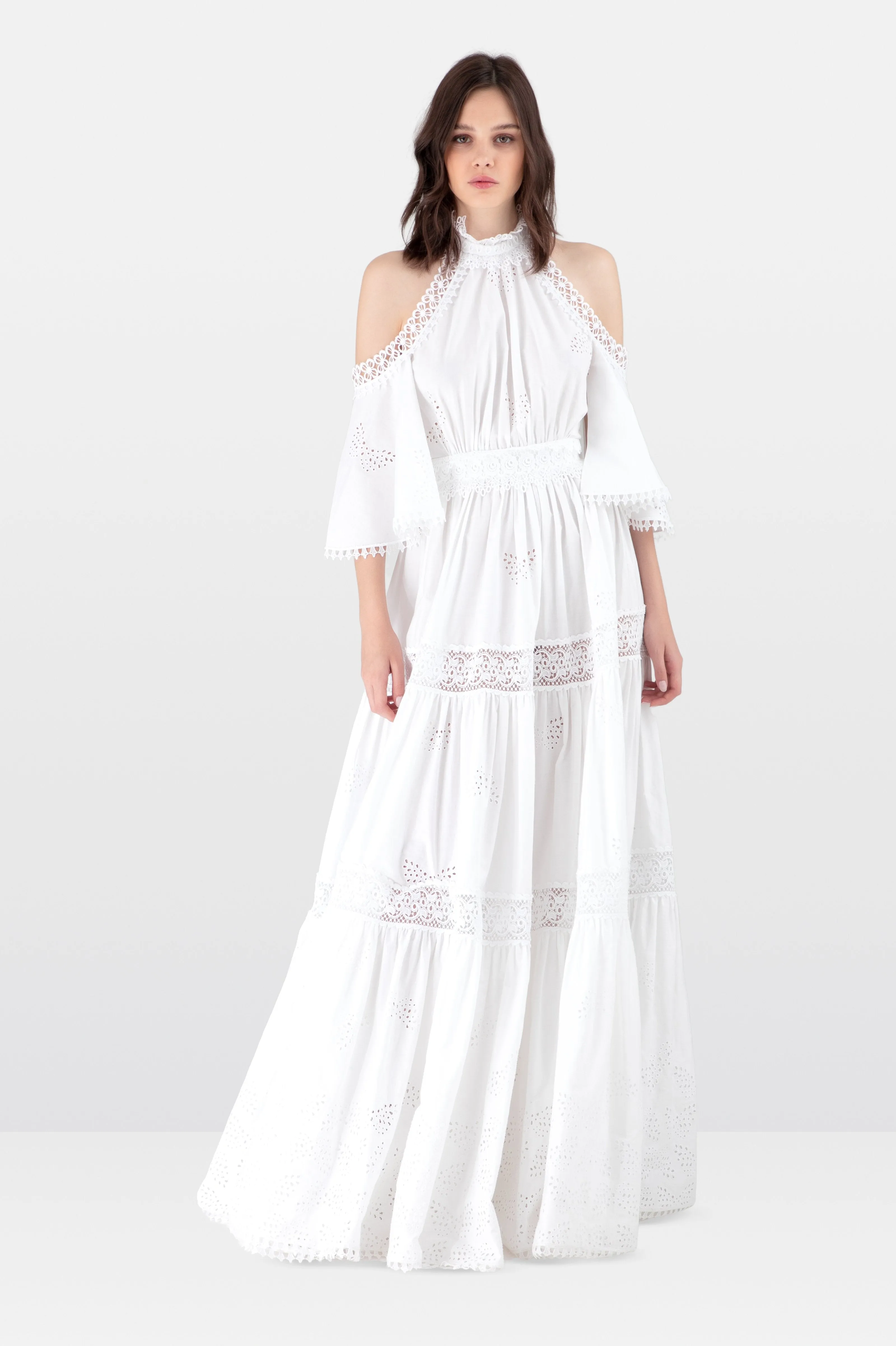 White Broderie Anglaise Lace Off the Shoulder Maxi Dress