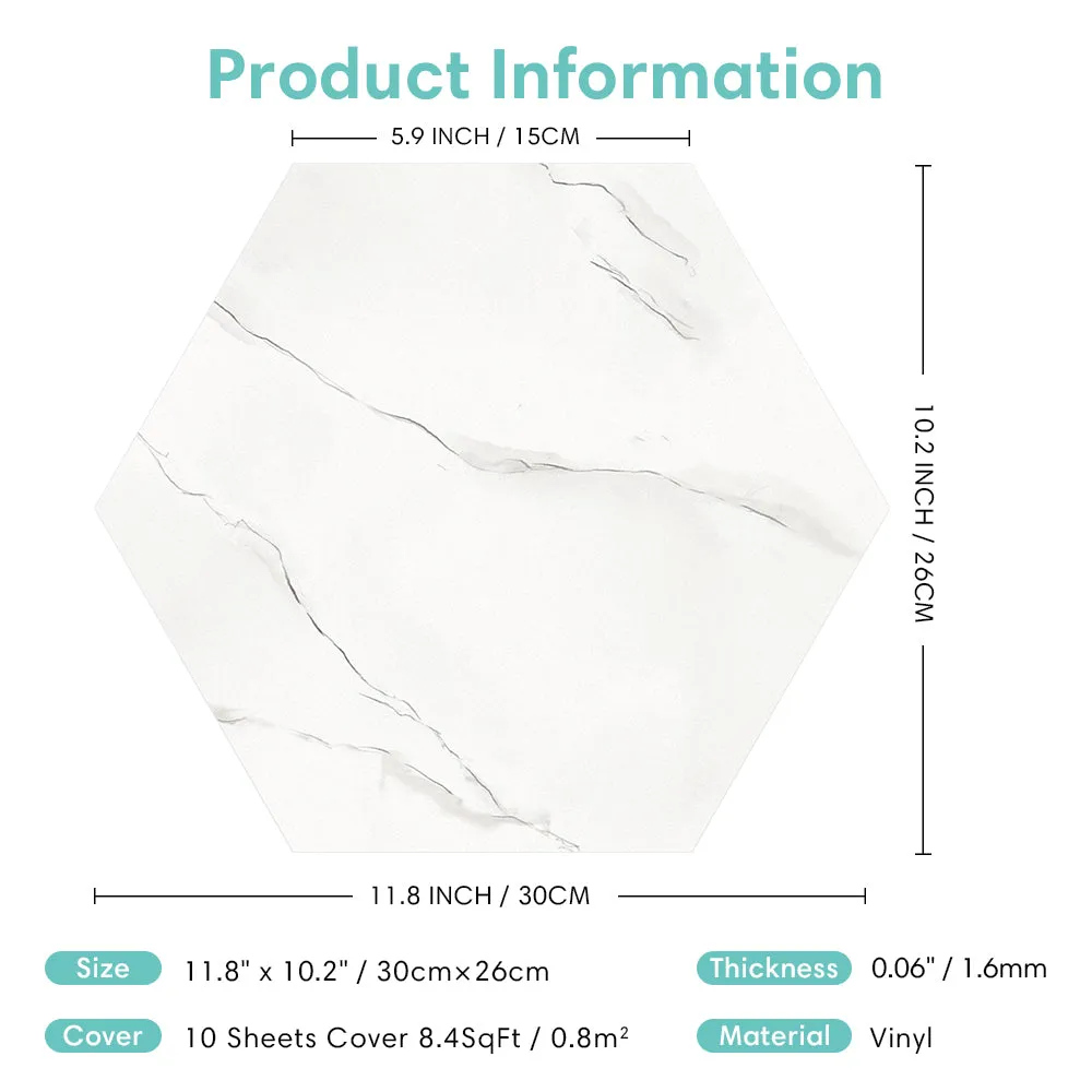 White Marble Hexagon Peel and Stick Vinyl Floor Tile Sticker