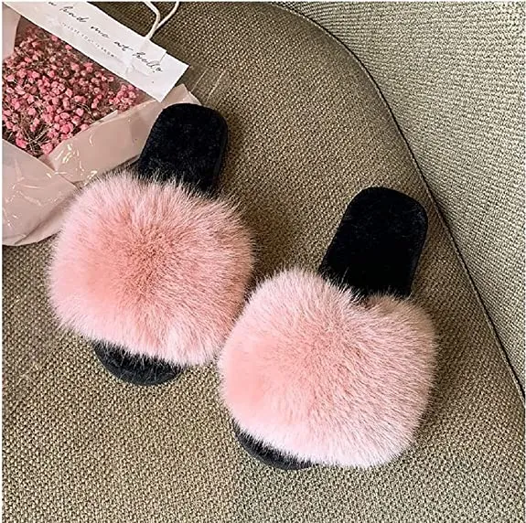 Women Fluffy Plush Lightweight House Slippers Open Toe Outdoor Slippers