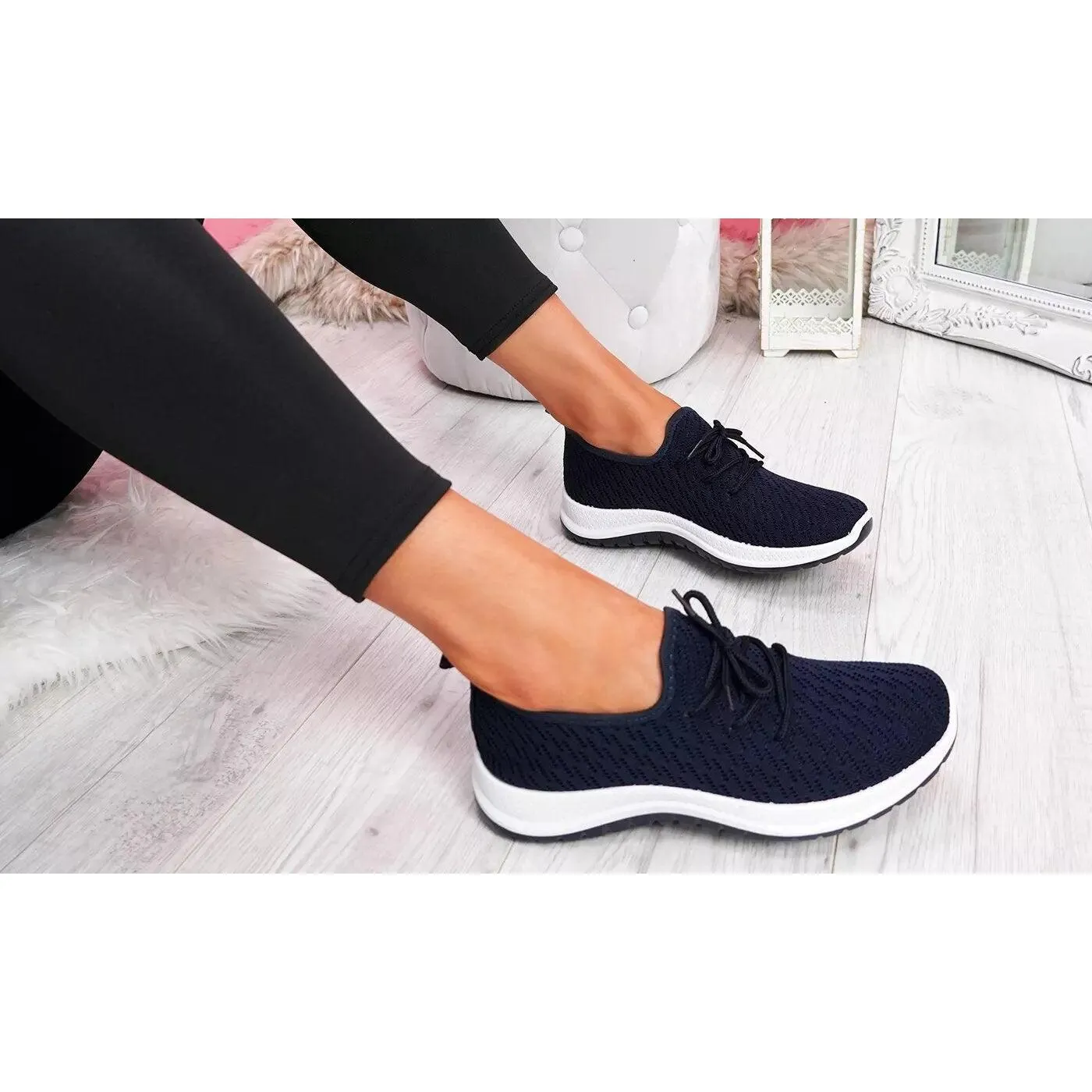 Women's Navy Low Mid Heel Textured Mesh Trainers